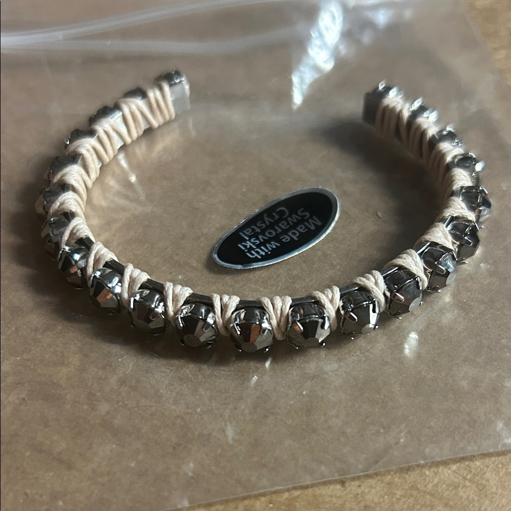 Mirrored Black Swarovski Crystal Cuff wrapped with pale‎ pink string